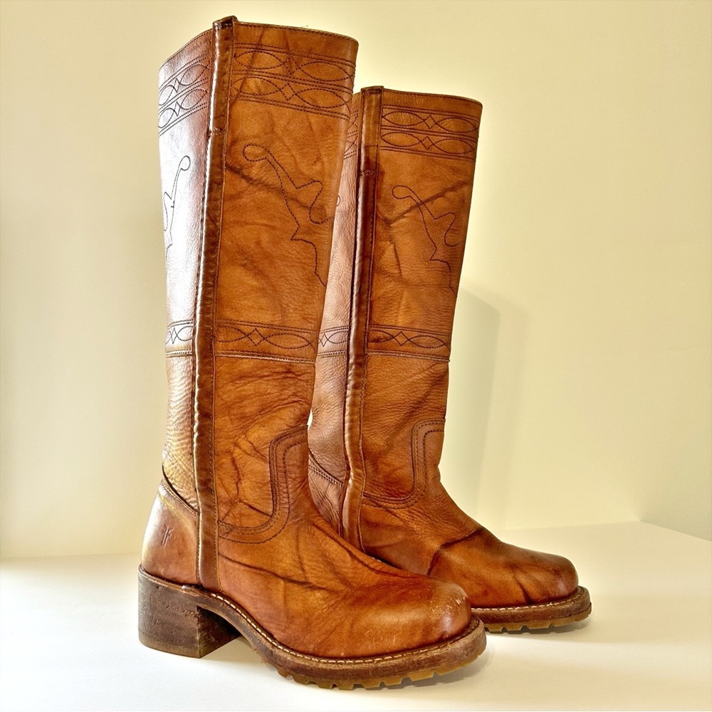 SOLD!  Frye 80s USA Cognac Brown Leather Stitching Heeled Campus Boots 5.5 M